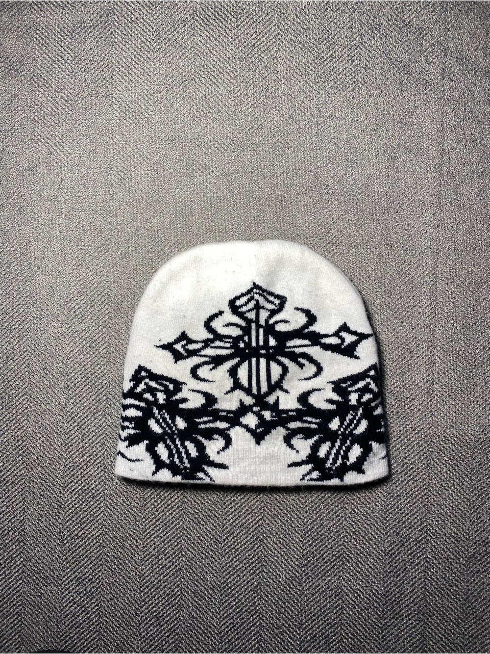 Y2K Gothic Cross Beanie White Black Tribal Graphic Streetwear Skater Hat